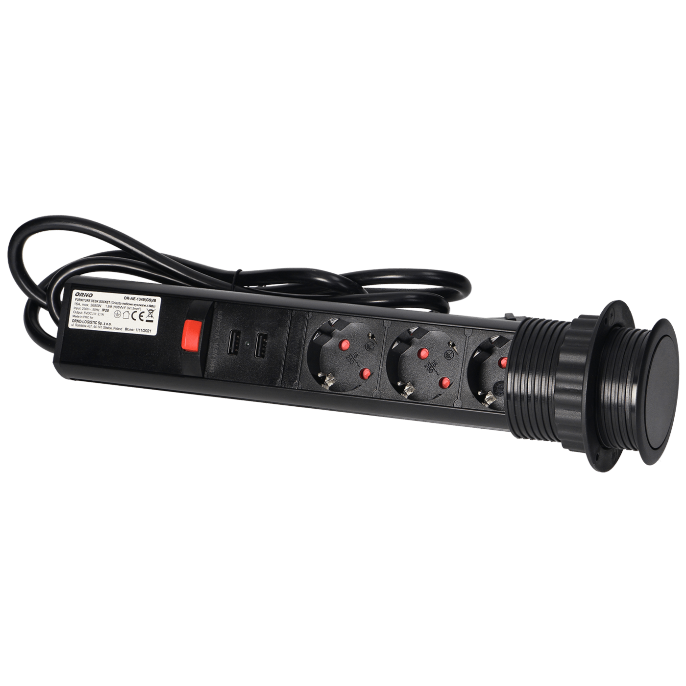 Orno Prodlužovací kabel se 3 x Schuko zásuvkami + 2 x USB, vestavný - OR-AE-1349(GS)/B