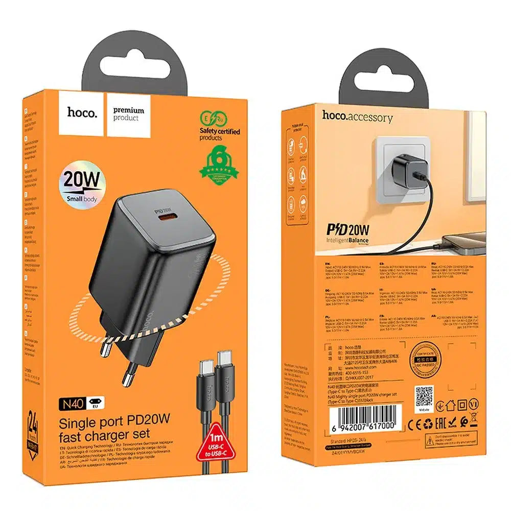 HOCO síťová nabíječka Type C + kabel Type C na Type C QC PD 20W N40 černá