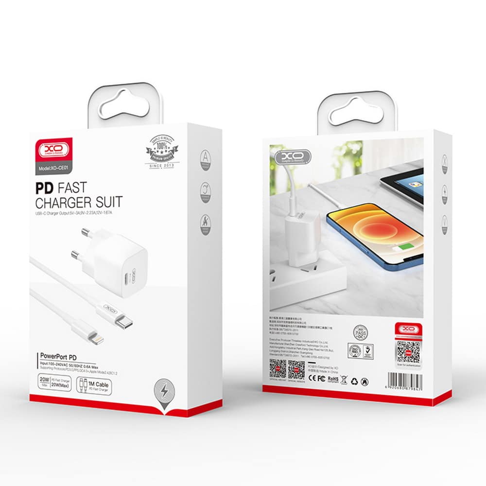 XO zidni punjač CE01B PD 20W 1x USB-C bijeli + kabel USB-C - Lightning