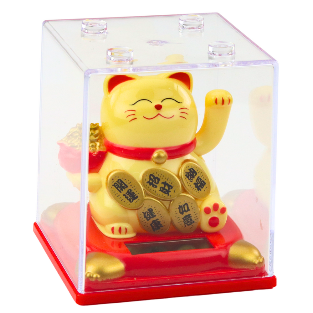 Chinese Lucky Cat In Display Case Solar Figurine Ornament Beige