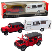 Metalni terenski auto za igru s kamperom 1:32 - crveno/bijeli