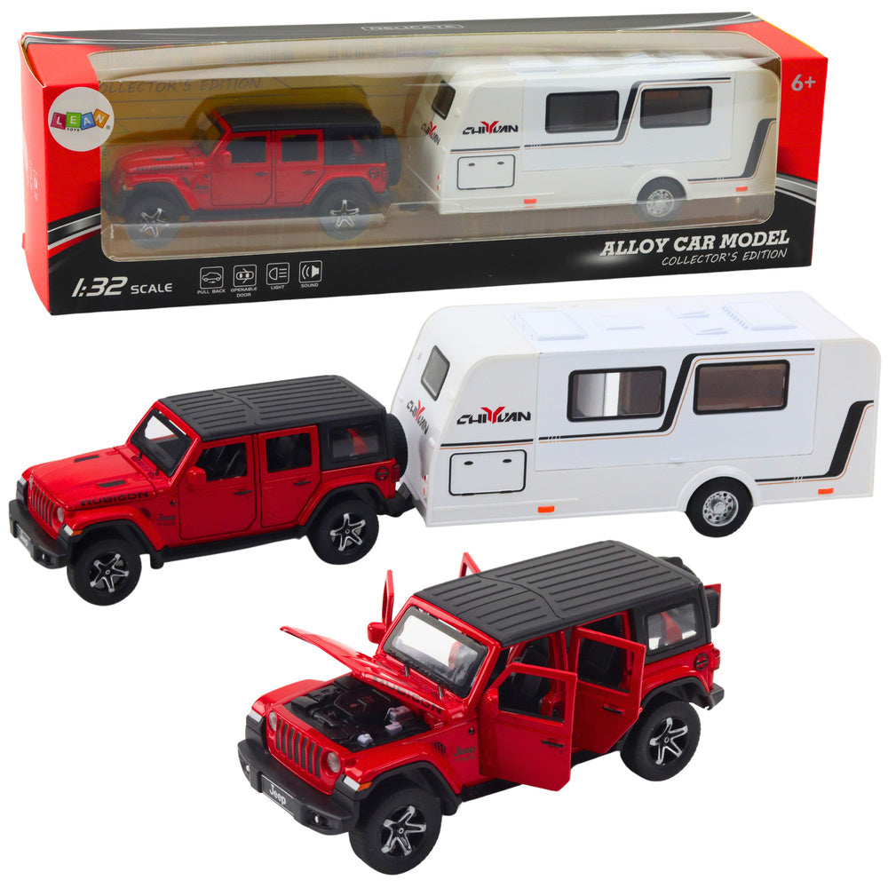 Metalni terenski auto za igru s kamperom 1:32 - crveno/bijeli