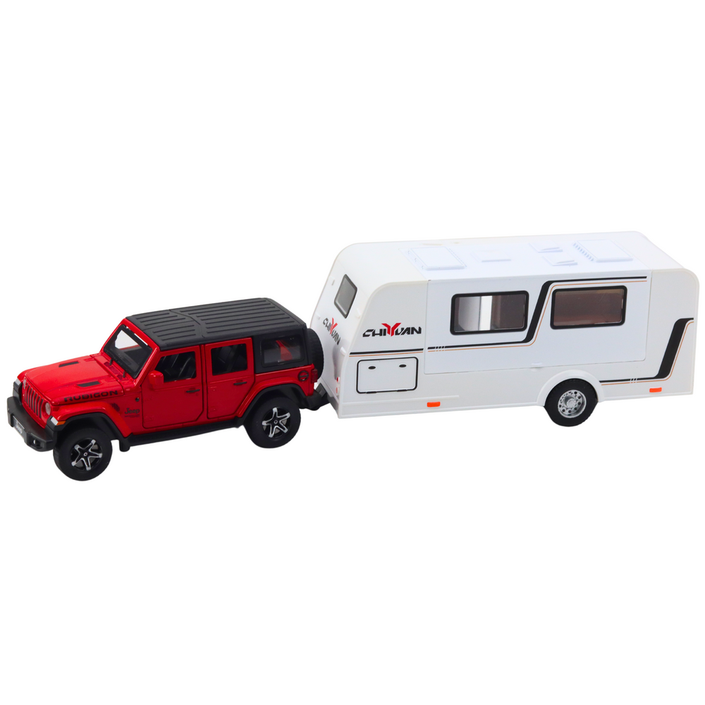 Metalni terenski auto za igru s kamperom 1:32 - crveno/bijeli