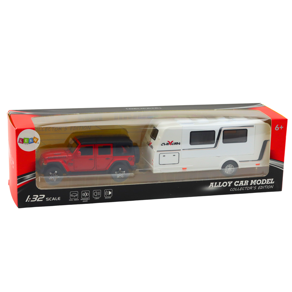 Metalni terenski auto za igru s kamperom 1:32 - crveno/bijeli
