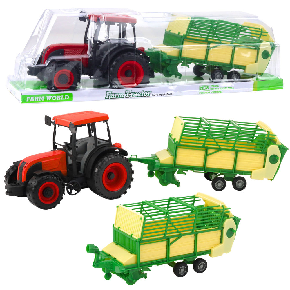 Crveni traktor za igru sa prikolicom za sijeno 50cm - zeleno/žuta