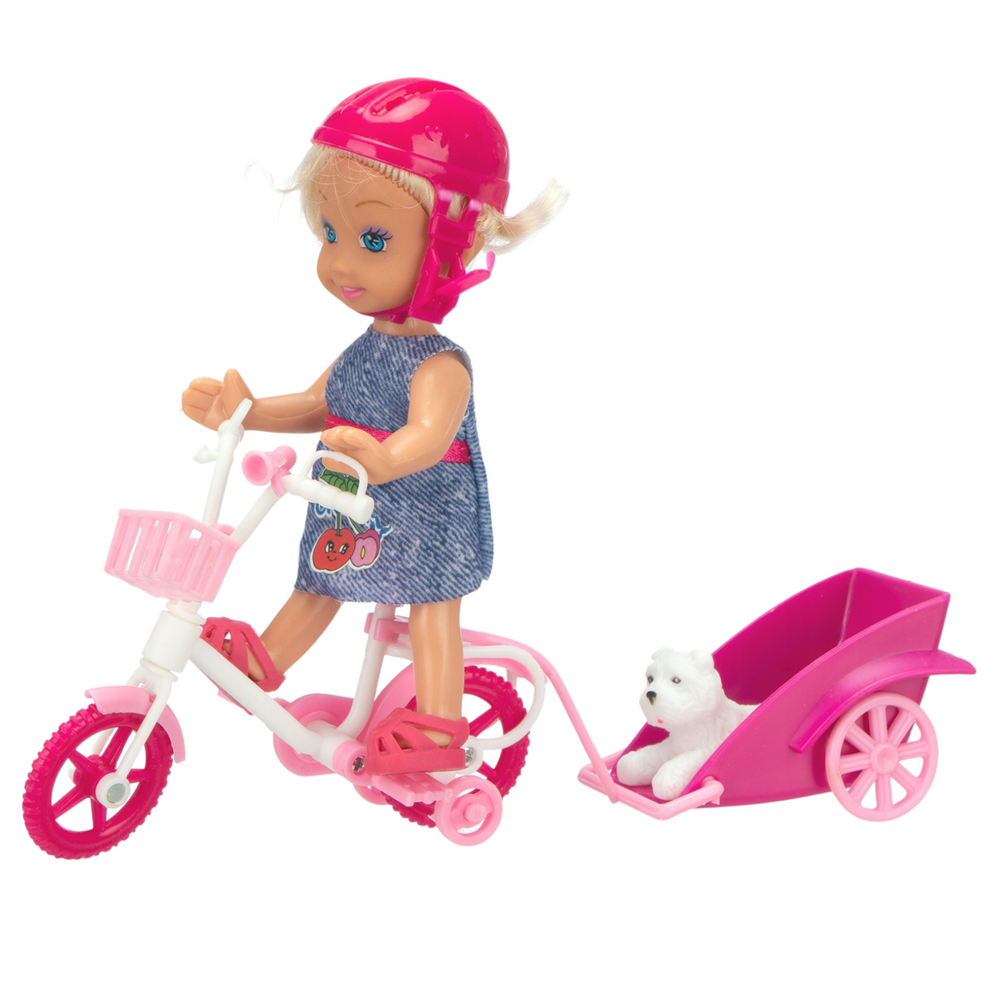 Mini lutka na biciklu sa prikolicom i psom