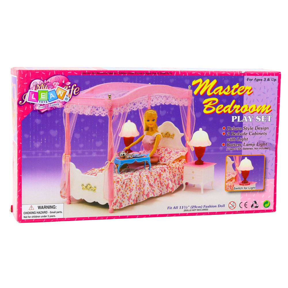 Doll Furniture Set: Canopy Bed, Nightstands, Lamps