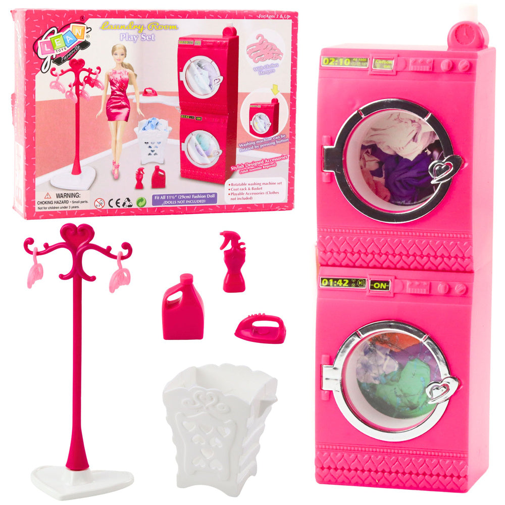 Doll Laundry Set Washing Machine Dryer Hanger Basket Pink