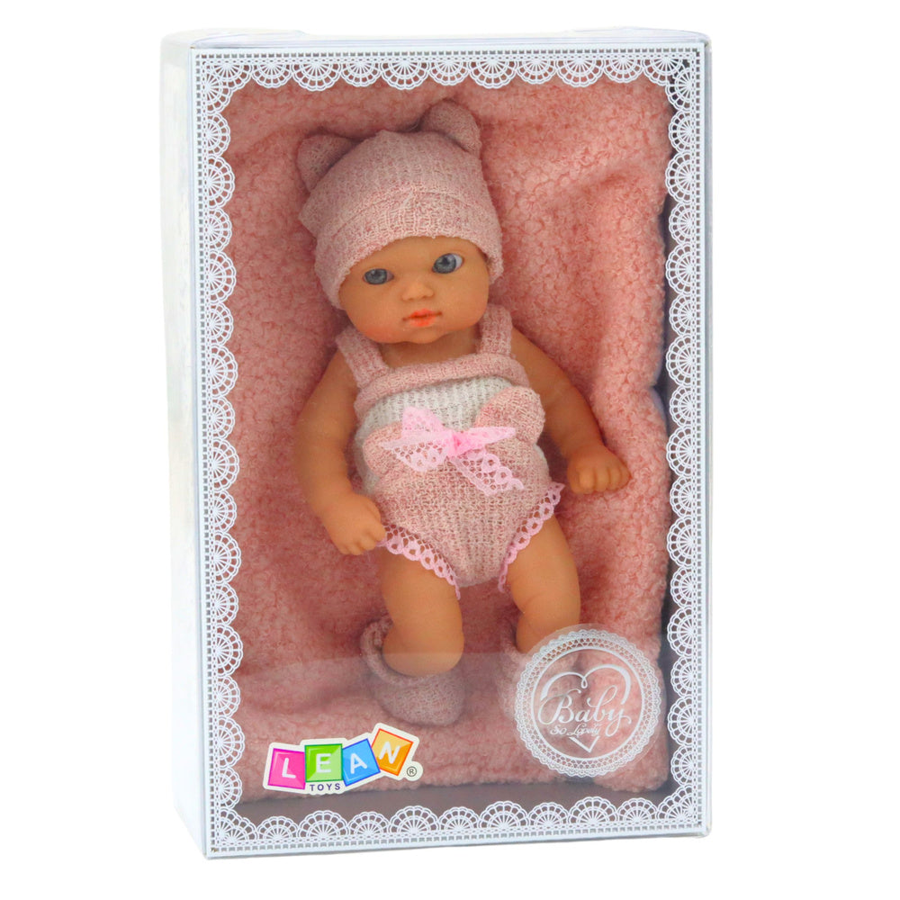 Baby Doll with Blanket, White and Pink Clothes, Hat, 18 cm
