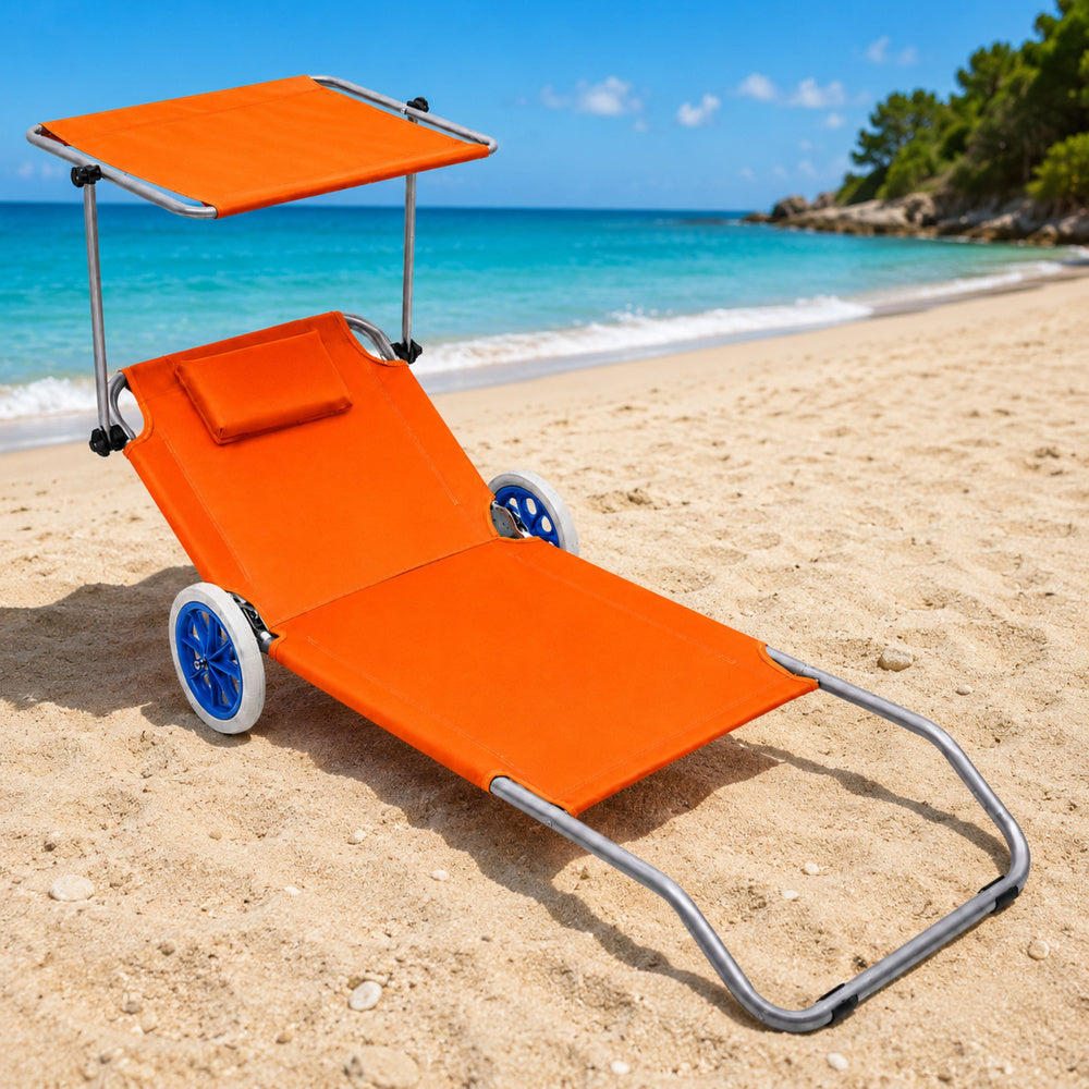 Sklopiva ležaljka za plažu s kotačima i sjenicom - narančasta