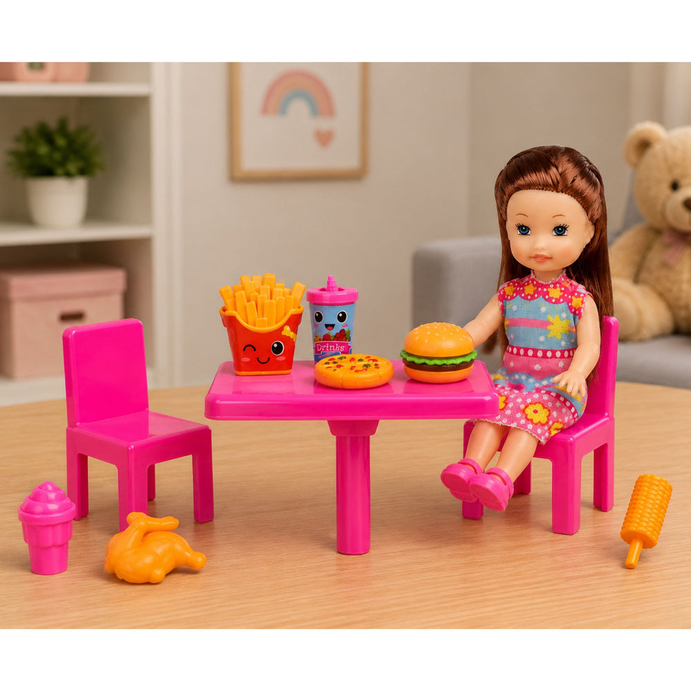 Mini Doll Fast Food Set Pizza Hamburger Table Chairs Accessories