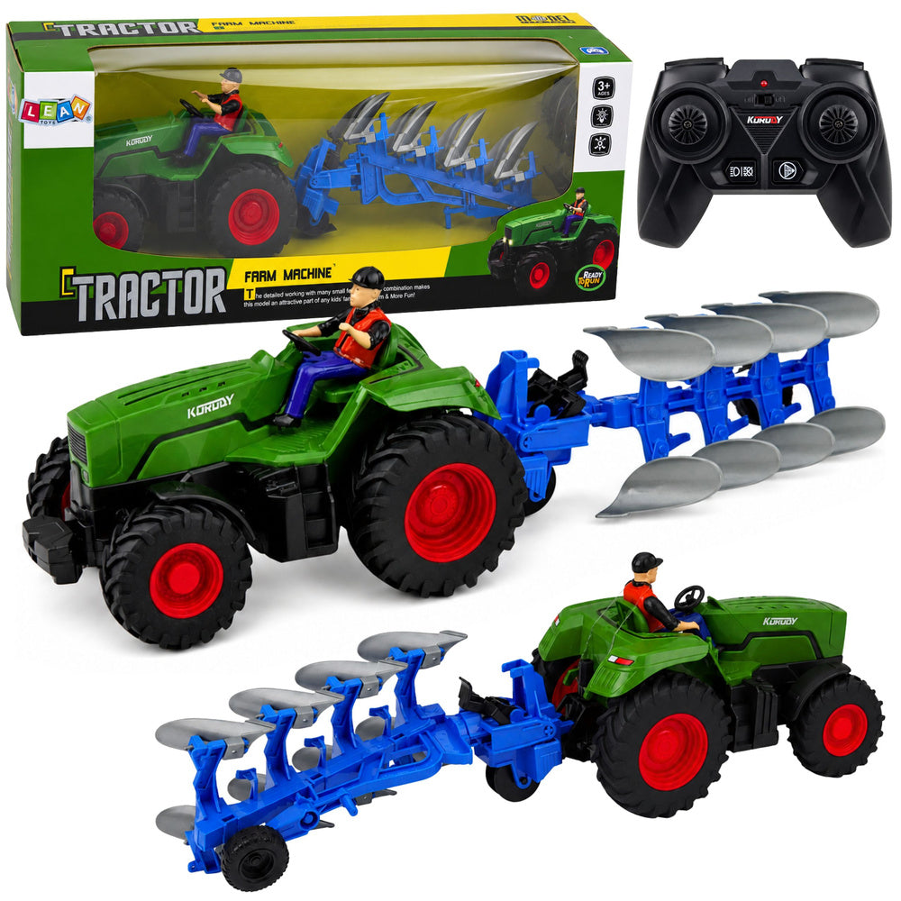 RC Tractor with Plow and Farmer Remote Controlled Lights Green 1:24
