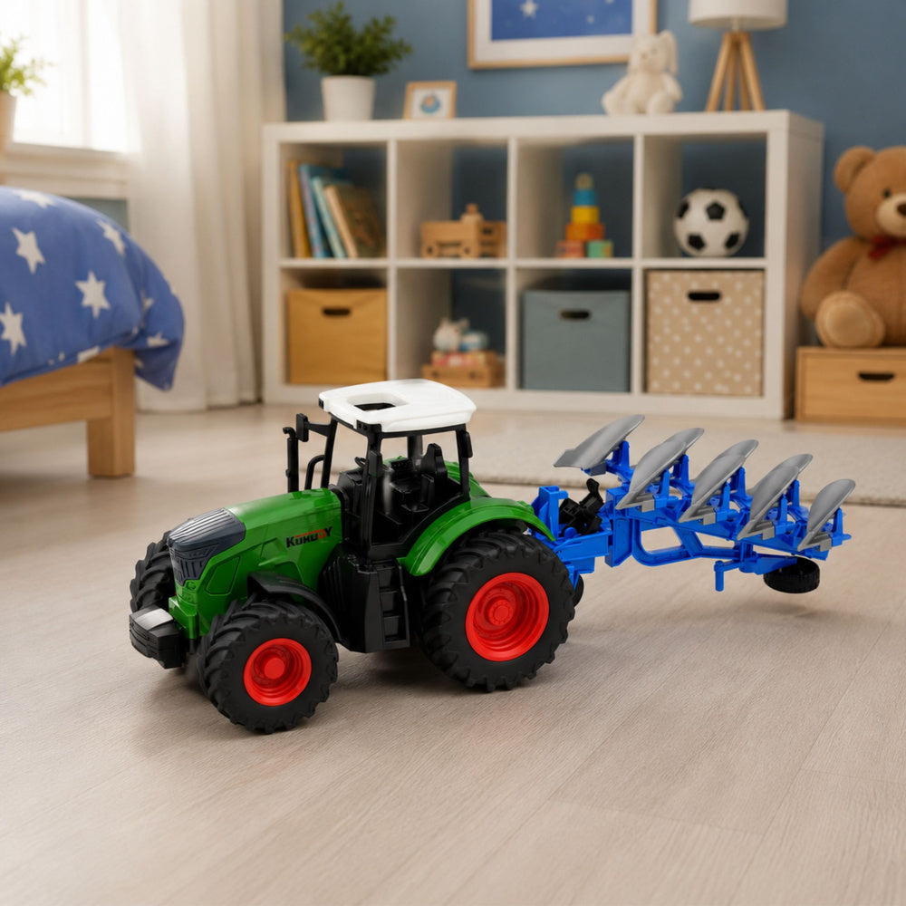 Agricultural Farm Tractor With Double-Furrow Plow Rubber Wheels Green 1:24