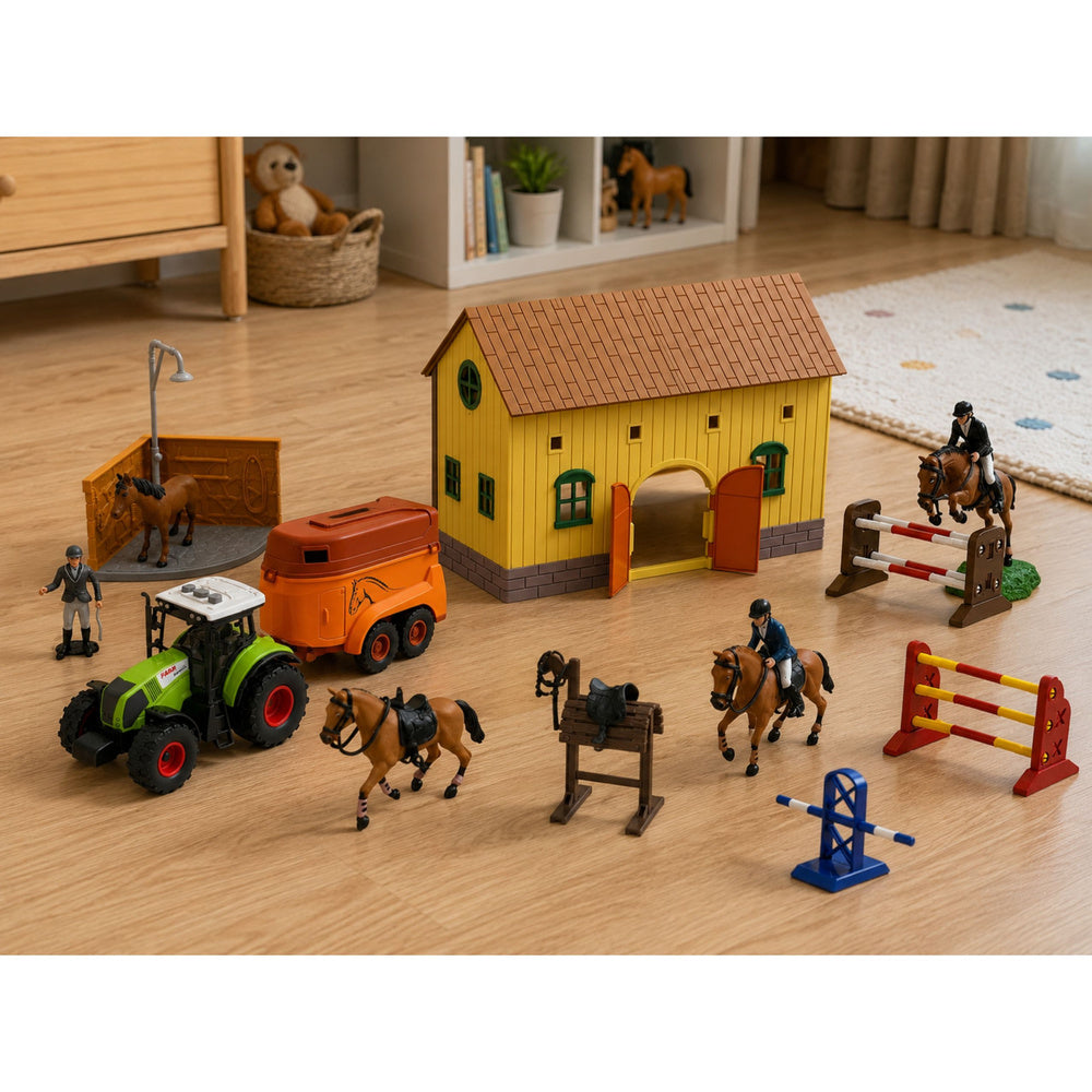 Set Farm Stud Farm Tractor Obstacle Course Jumping Hills Horses Figures 72 pcs.