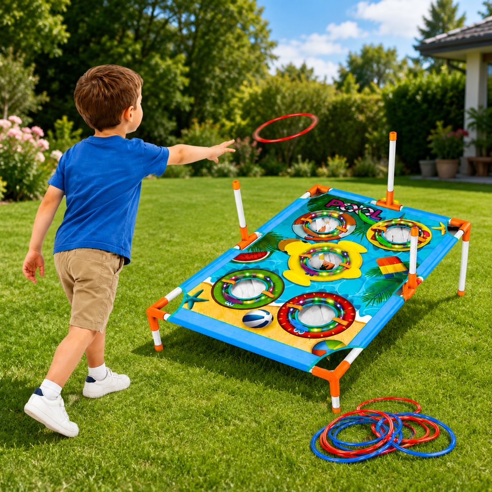 4-in-1 Target Throwing Skill Game with a Board, Bags, Hoops, Frisbee