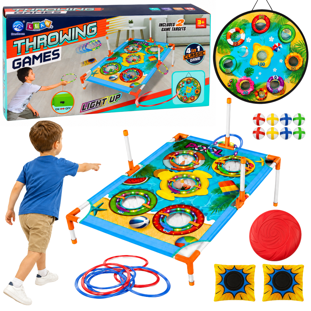 4-in-1 Target Throwing Skill Game with a Board, Bags, Hoops, Frisbee