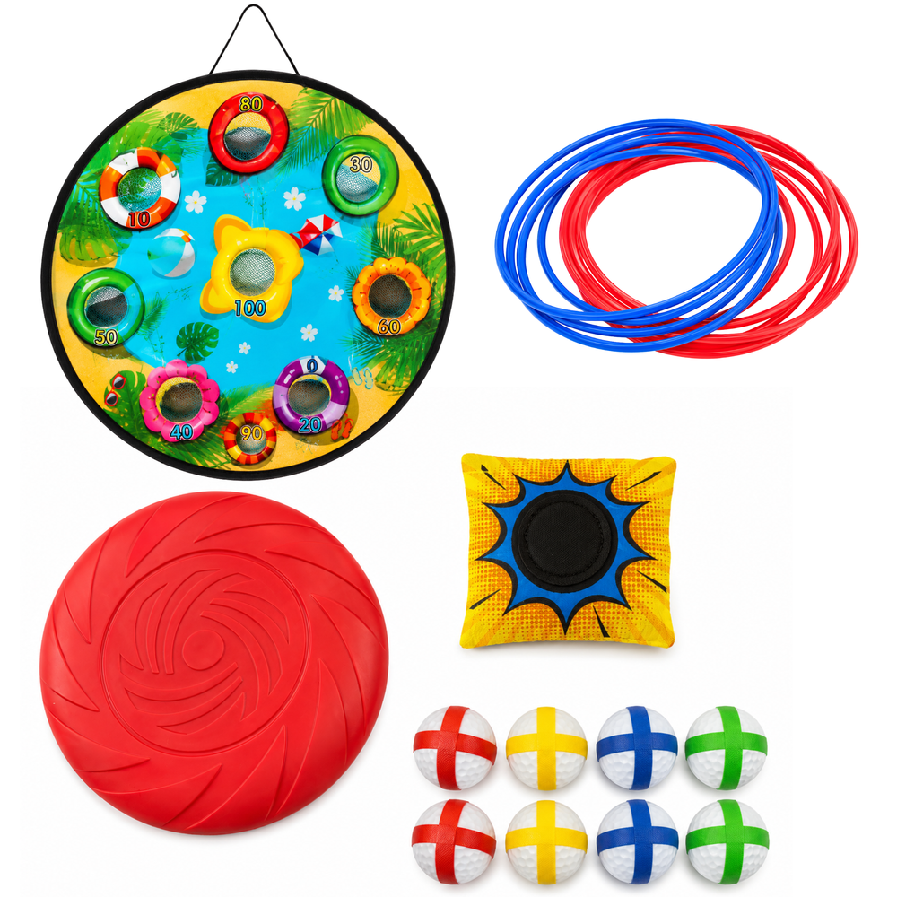 4-in-1 Target Throwing Skill Game with a Board, Bags, Hoops, Frisbee