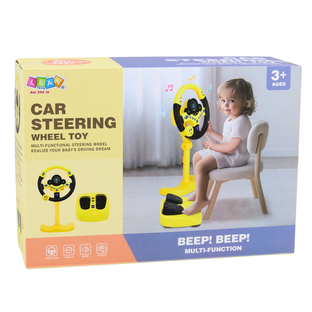 Interactive Steering Wheel on Stand with Pedals Lights Sounds Pink