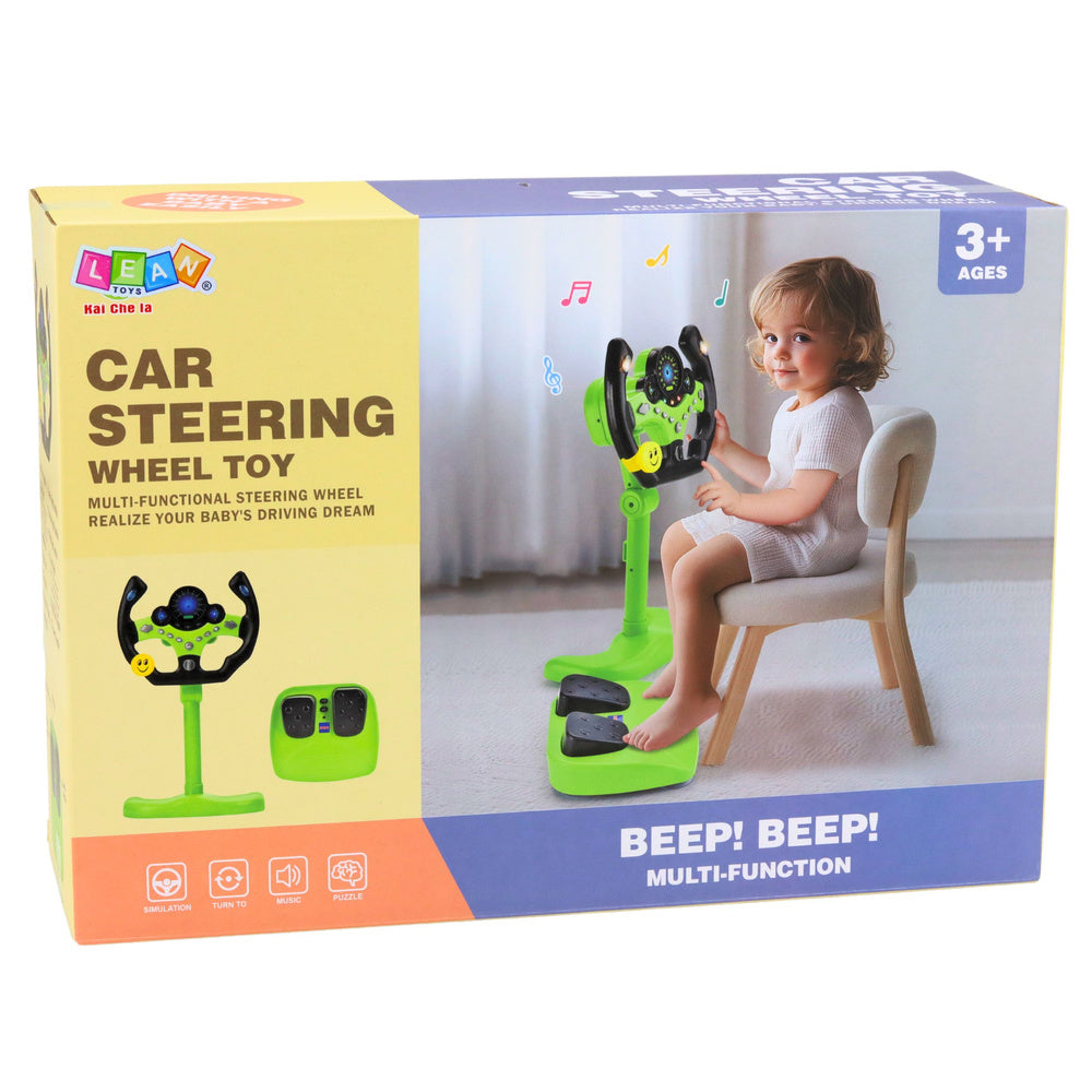 Interactive Steering Wheel on Stand with Pedals Lights Sounds Green