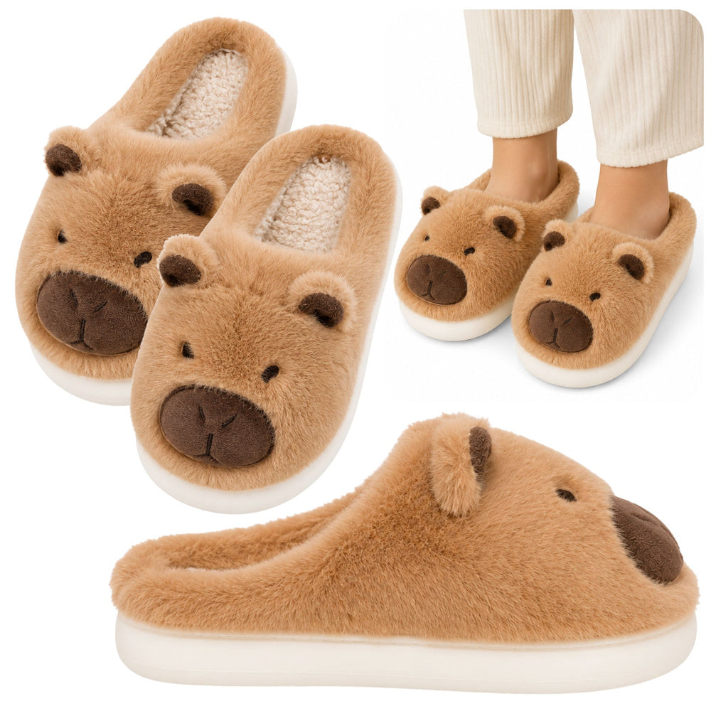 Plush Capybara House Slippers With Ears Warm Soft Beige Size 34-35