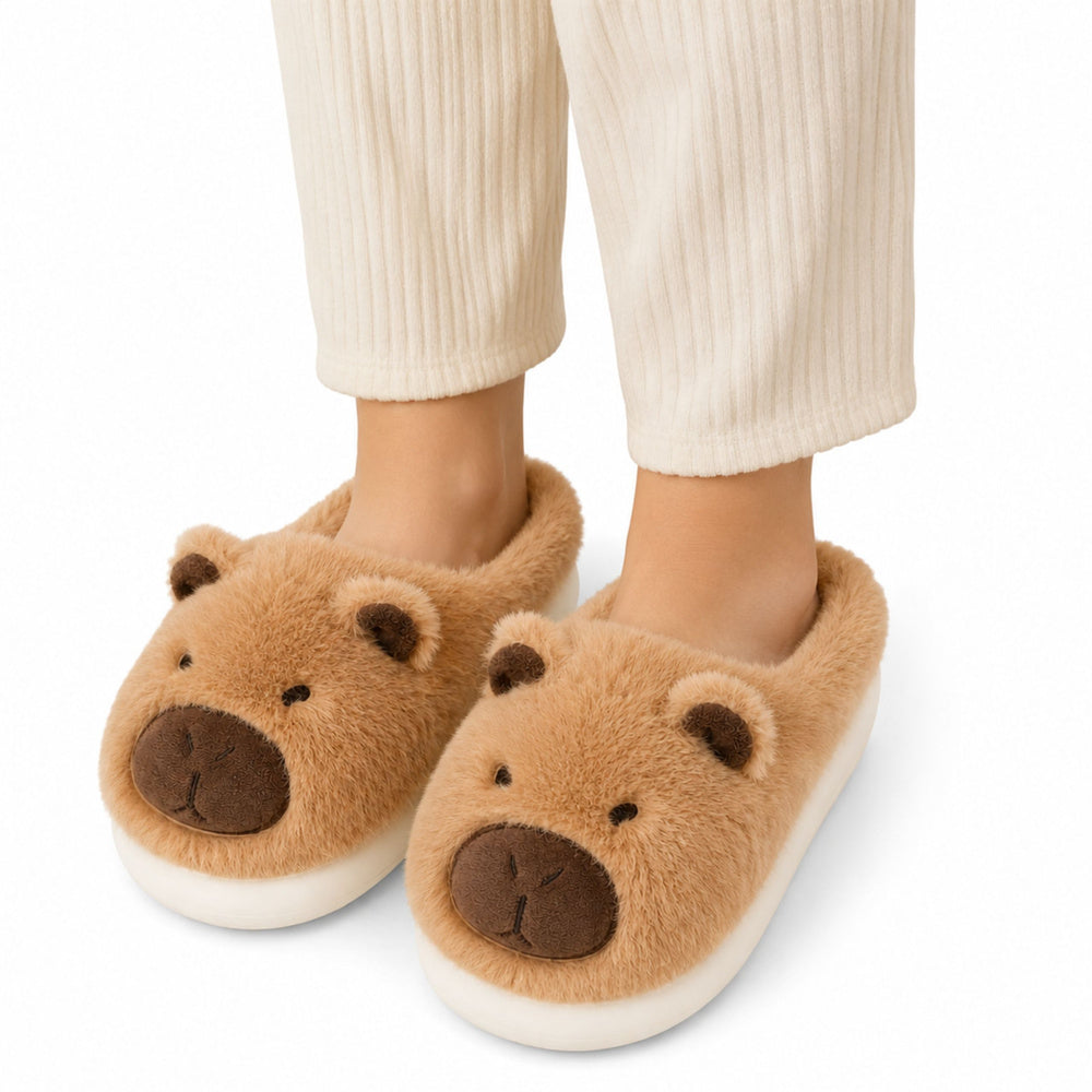 Plush Capybara House Slippers With Ears Warm Soft Beige Size 34-35