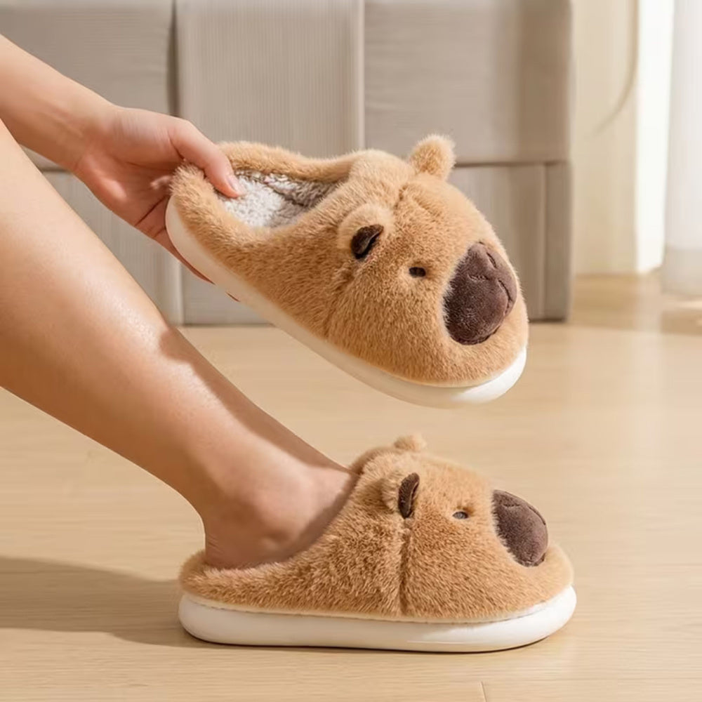 Plush Capybara House Slippers With Ears Warm Soft Beige Size 34-35