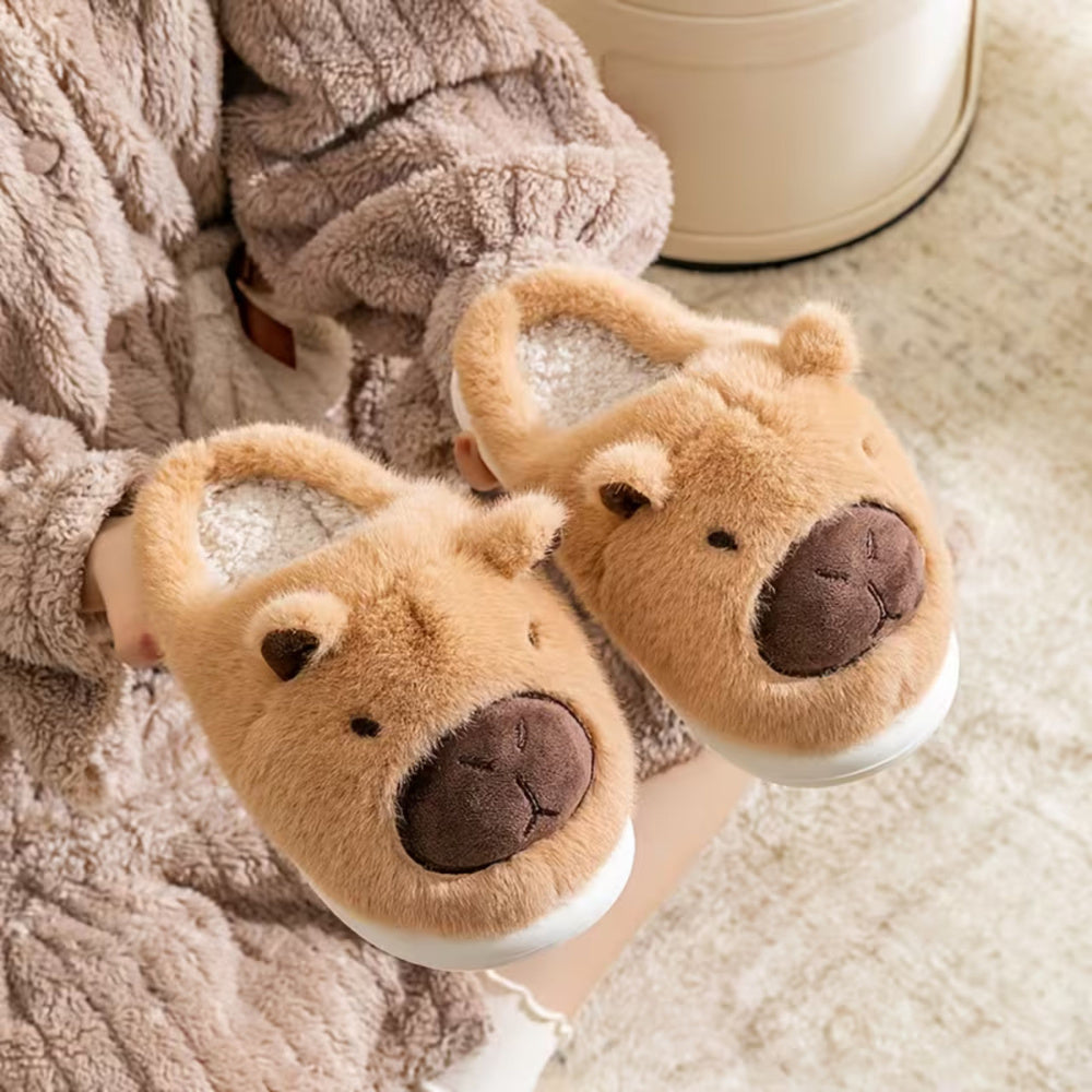 Plush Capybara House Slippers With Ears Warm Soft Beige Size 34-35