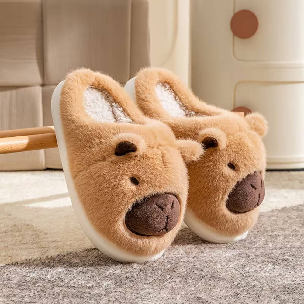 Plush Capybara House Slippers With Ears Warm Soft Beige Size 34-35