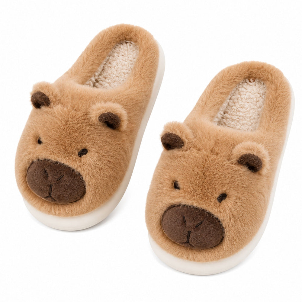Plush Capybara House Slippers With Ears Warm Soft Beige Size 34-35