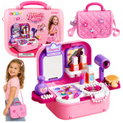 Portable 2-in-1 Beauty Set with Case, Mirror, Cosmetics, and Accessories, Pink