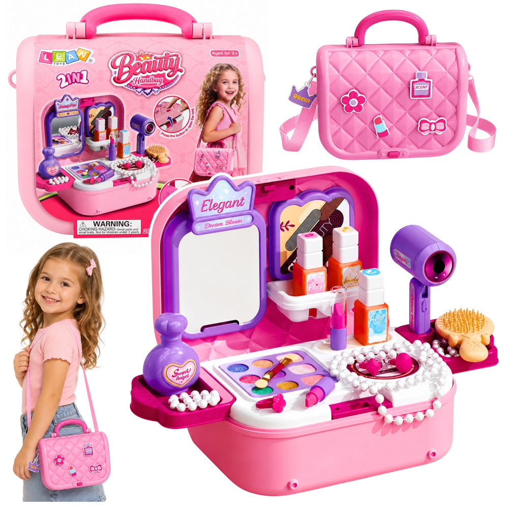Portable 2-in-1 Beauty Set with Case, Mirror, Cosmetics, and Accessories, Pink