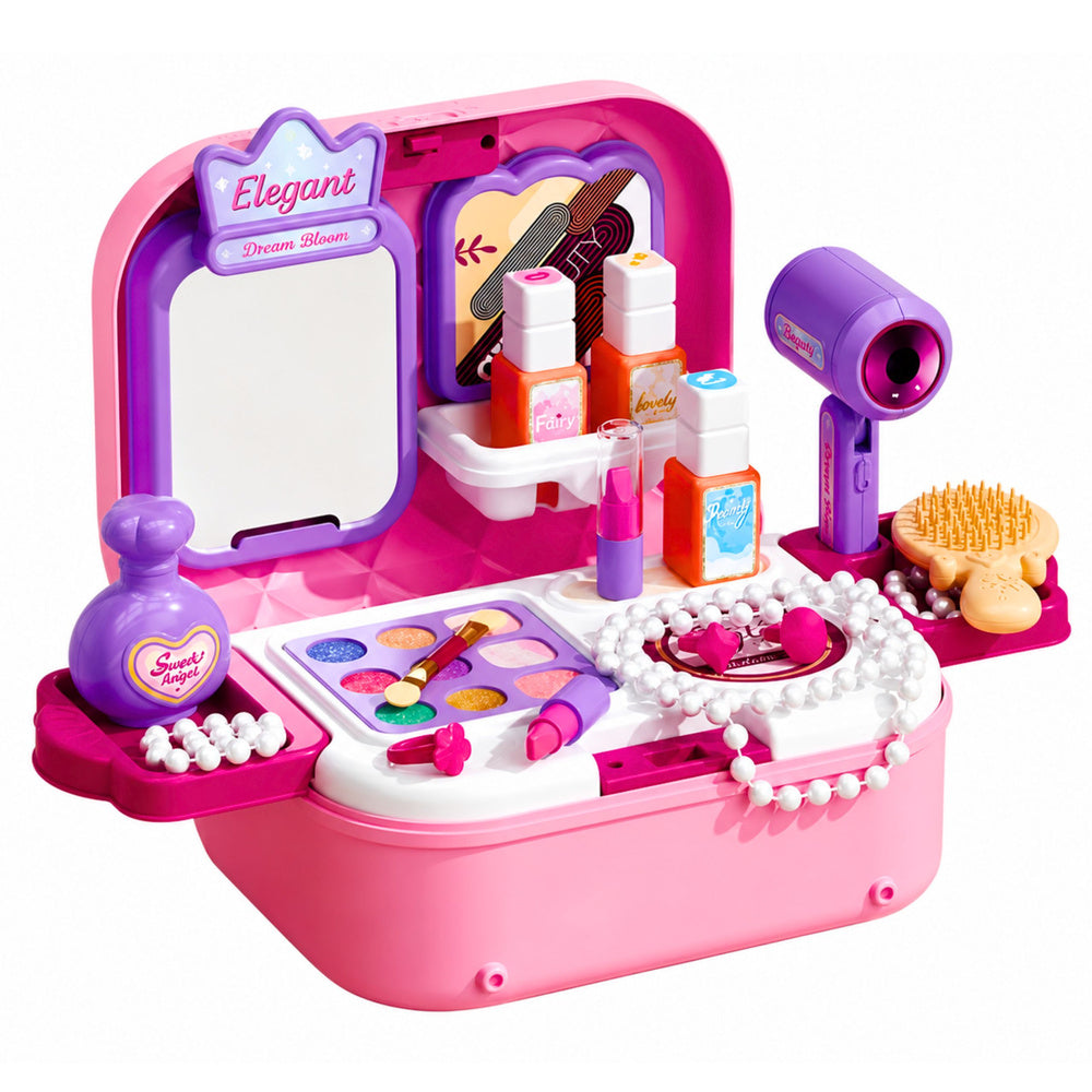 Portable 2-in-1 Beauty Set with Case, Mirror, Cosmetics, and Accessories, Pink