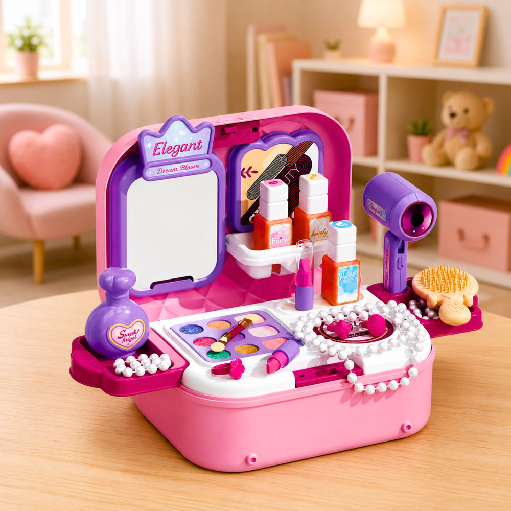 Portable 2-in-1 Beauty Set with Case, Mirror, Cosmetics, and Accessories, Pink