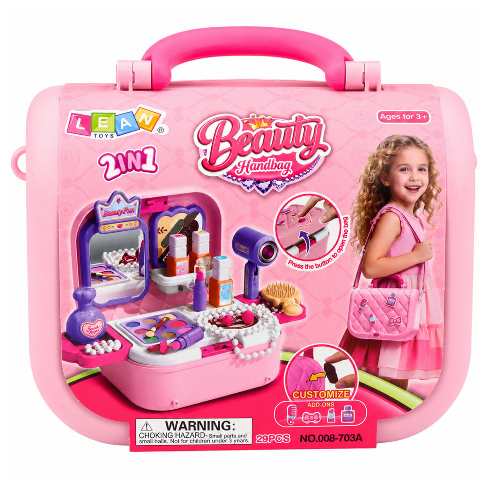 Portable 2-in-1 Beauty Set with Case, Mirror, Cosmetics, and Accessories, Pink