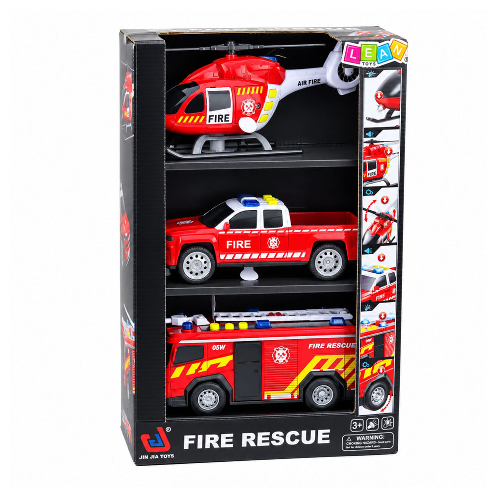Fire Department Vehicle Set: Helicopter Car, Lights, Sounds 1:32