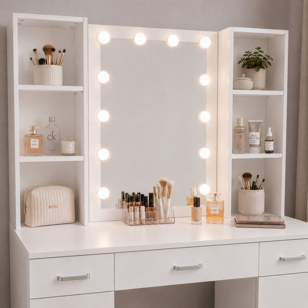 Cosmetic Dressing Table with LED Mirror, Drawer Cabinets, White, 141x114x39 cm