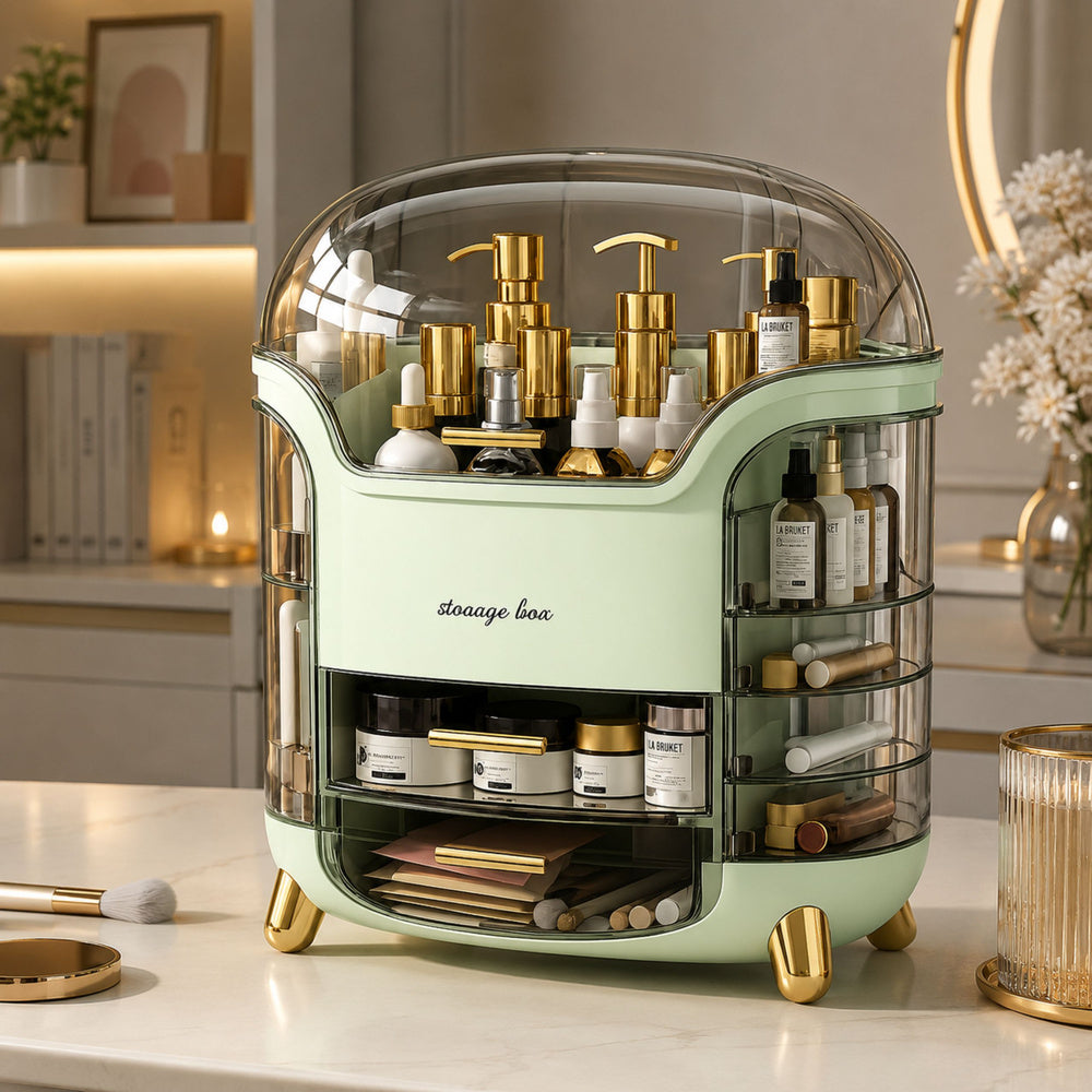 Large Cosmetics Organizer with Drawers and Lid Green
