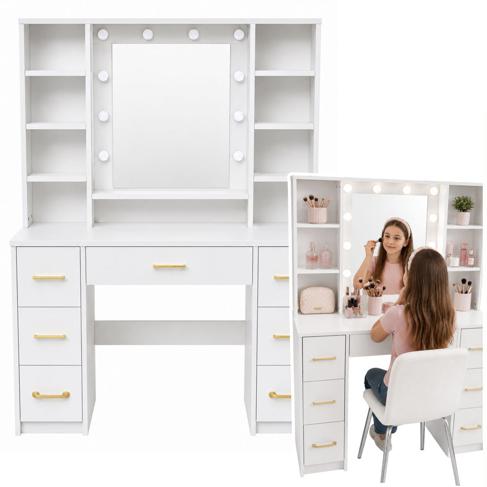 Large Dressing Table Mirror with LED Light, Shelves, 7 Drawers, White, 140x100x40 cm