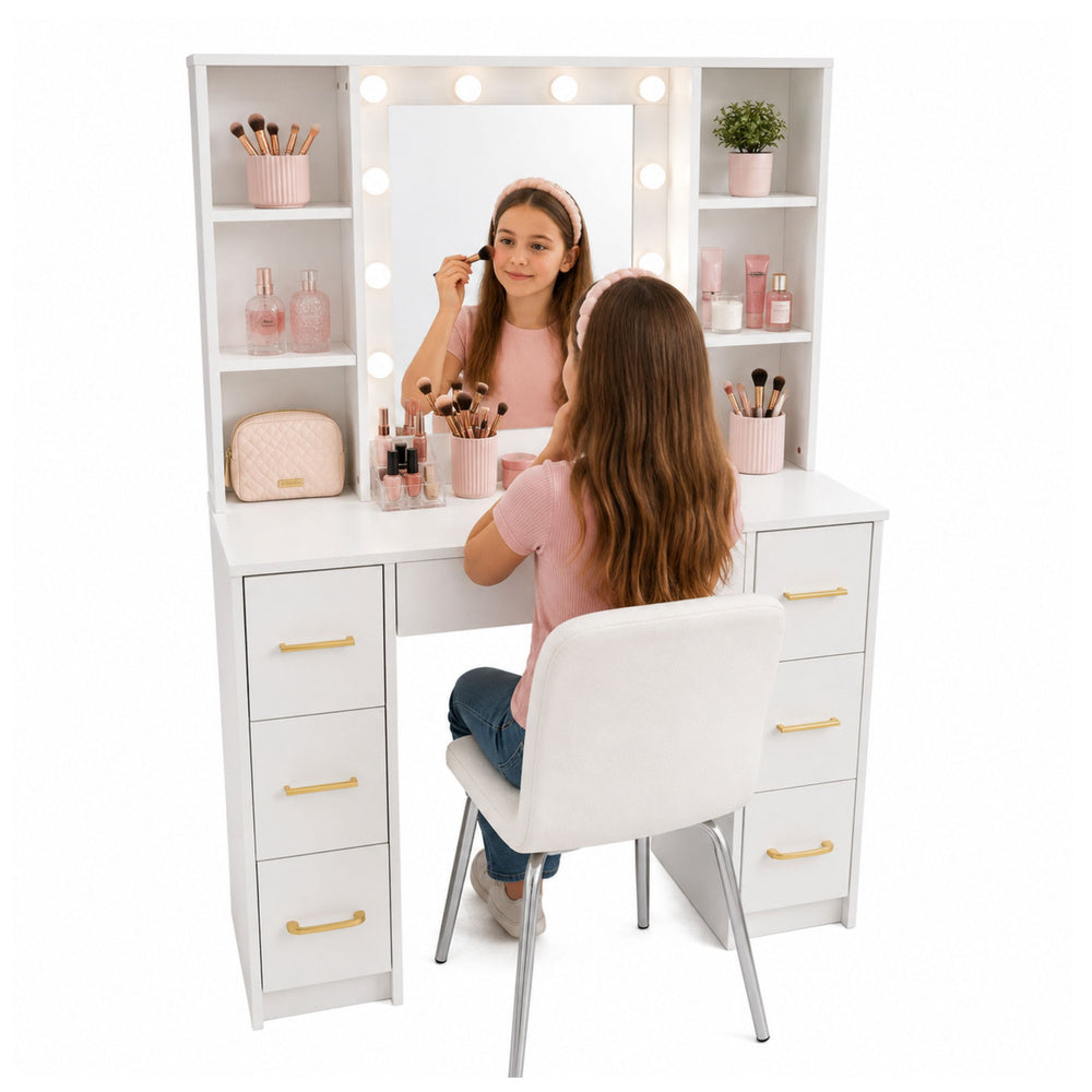 Large Dressing Table Mirror with LED Light, Shelves, 7 Drawers, White, 140x100x40 cm