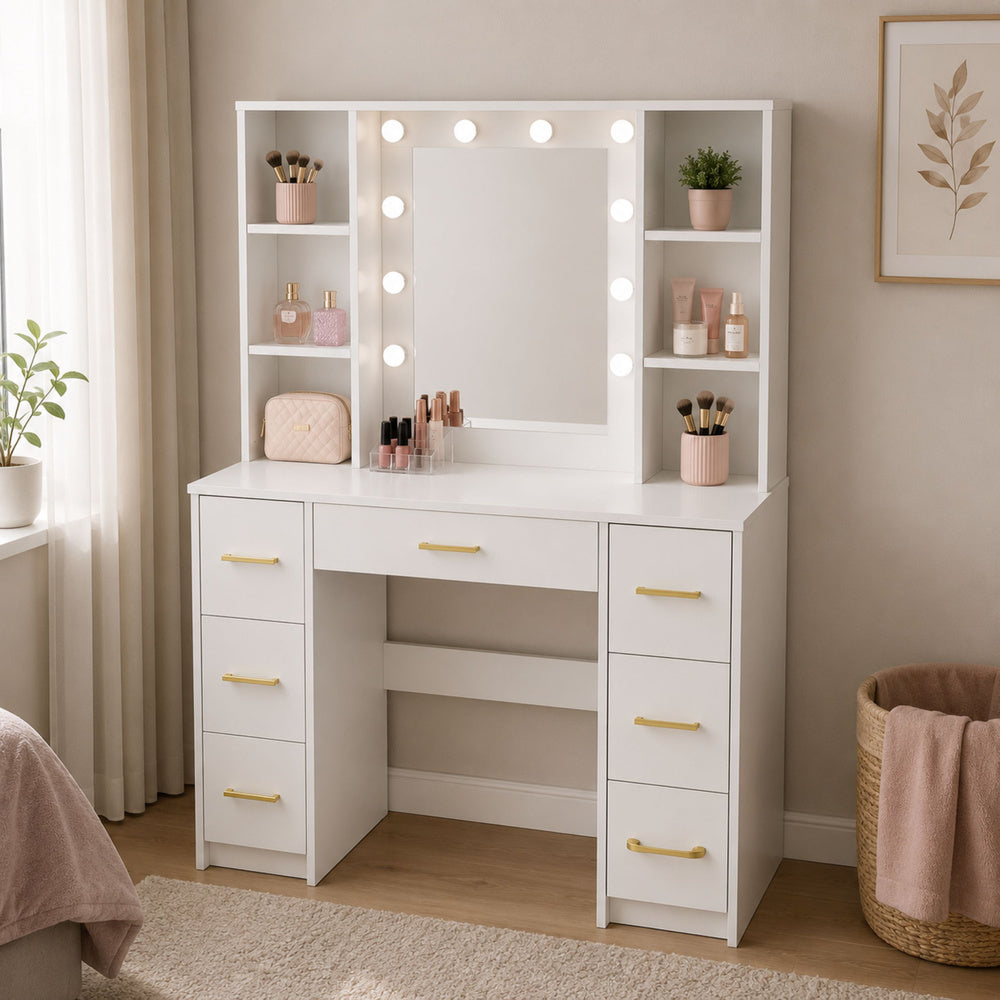 Large Dressing Table Mirror with LED Light, Shelves, 7 Drawers, White, 140x100x40 cm