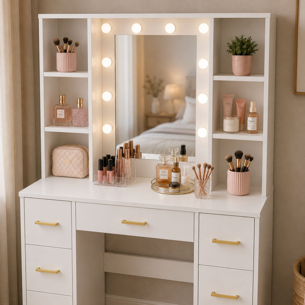 Large Dressing Table Mirror with LED Light, Shelves, 7 Drawers, White, 140x100x40 cm