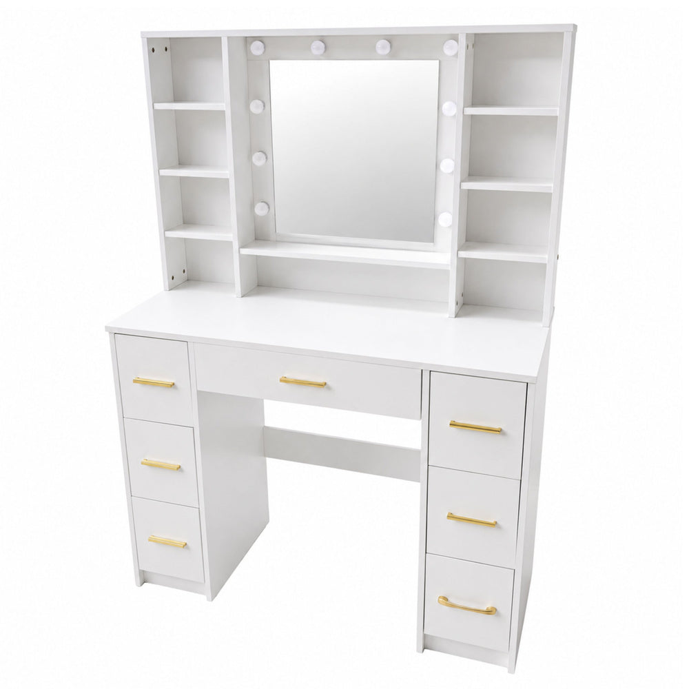 Large Dressing Table Mirror with LED Light, Shelves, 7 Drawers, White, 140x100x40 cm