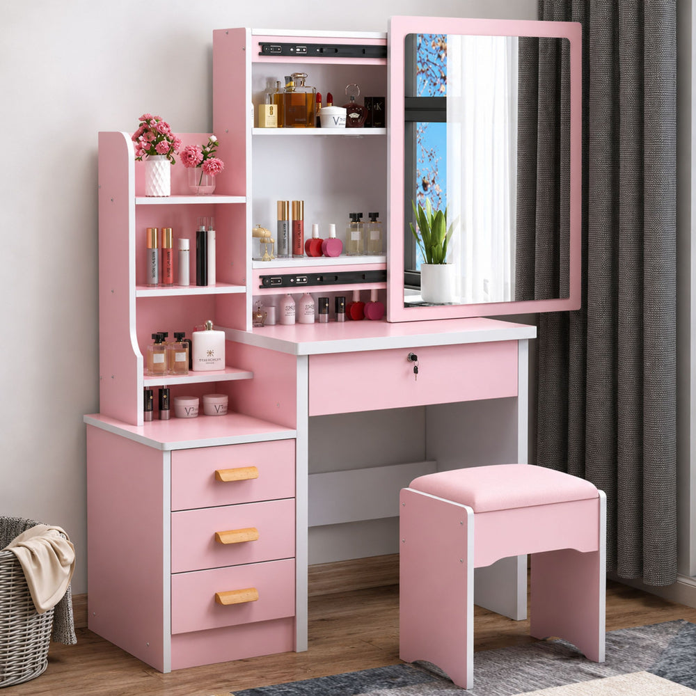 Cosmetic Dressing Table with Mirror, Drawers, Shelves, Stool, Pink 130x80x36 cm