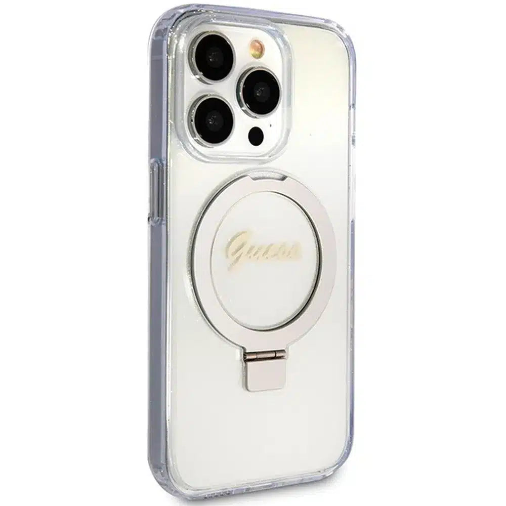 Originální pouzdro GUESS Hardcase GUHMP15XHRSGSD pro iPhone 15 Pro Max (Magsafe / Glitter Script Logo / kruhový stojánek / průhledné)