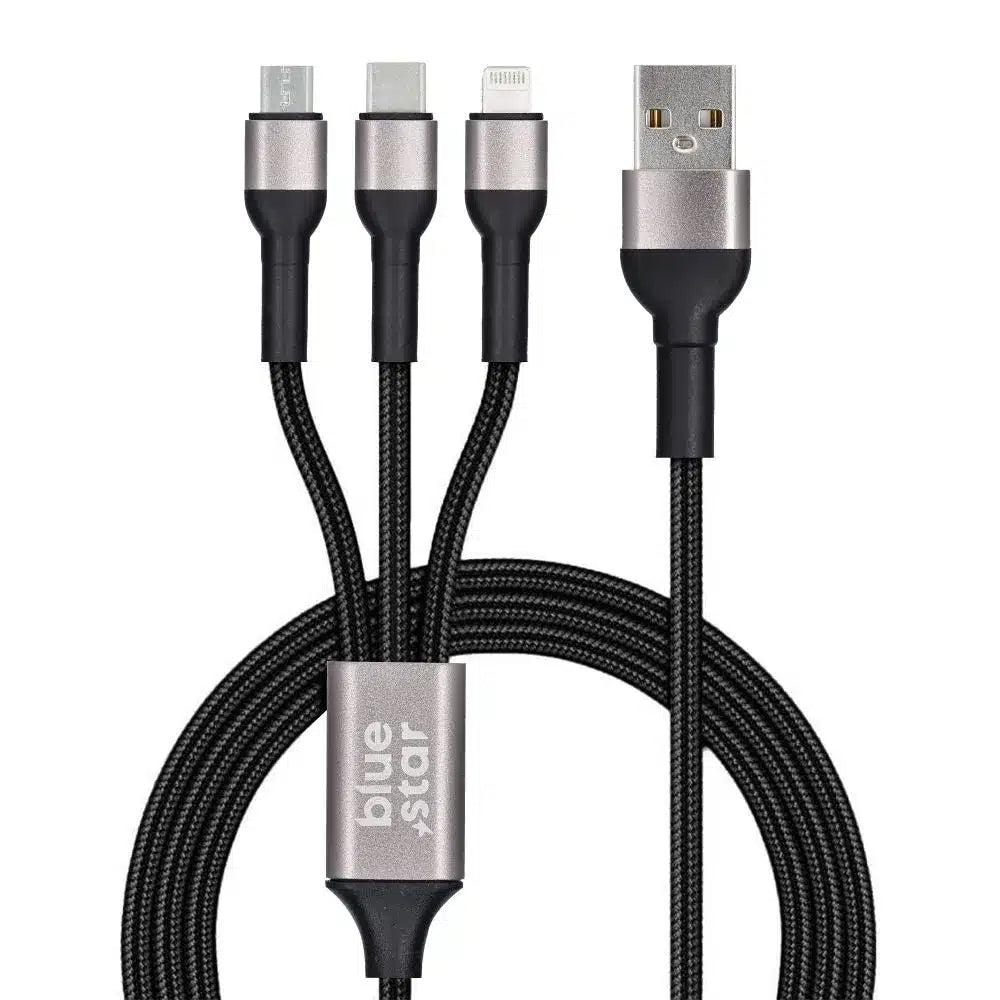Blue Star 3v1 opletený kabel s konektory micro USB, USB C a Lightning 3A