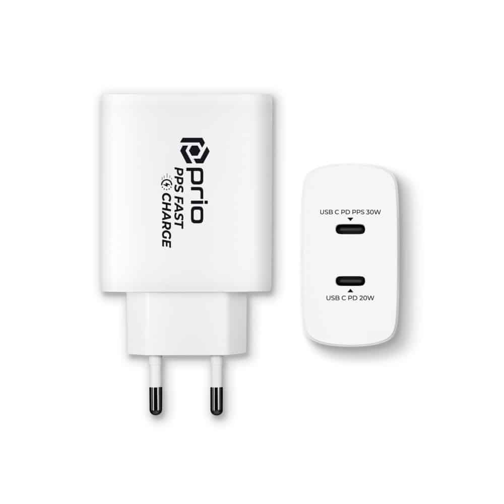 Prio 50W nástěnná nabíječka pro rychlé nabíjení 30W PD PPS (USB C) + 20W PD (USB C) bílá