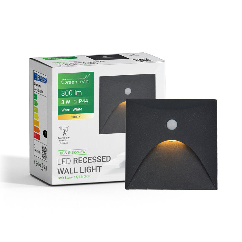 LED ugradna zidna svjetiljka sa senzorom Green Tech 3W, 3000K IP44, crna