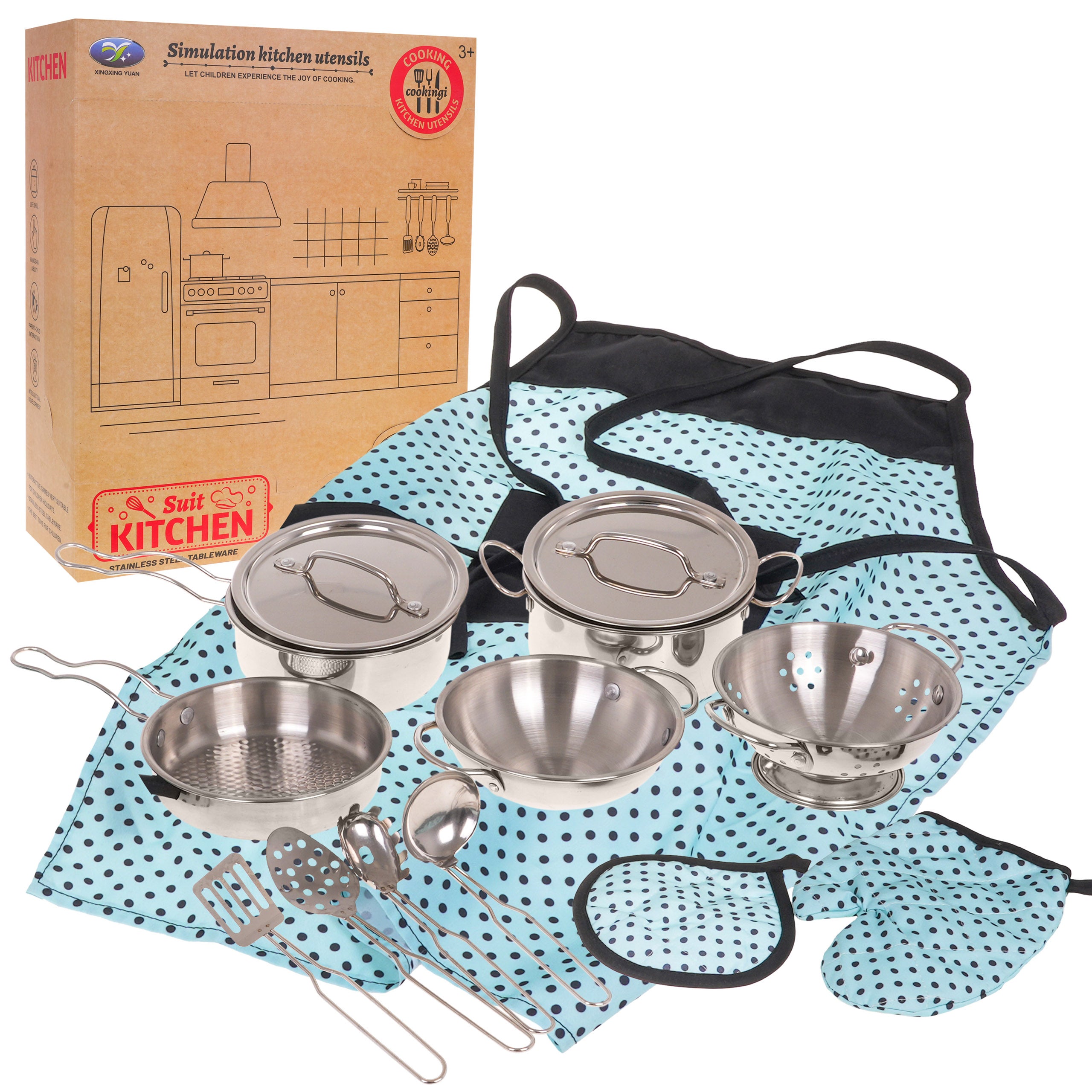 Set metalnih lonaca sa tirkiznom pregačom - 13 elemenata