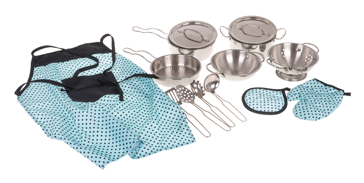 Set metalnih lonaca sa tirkiznom pregačom - 13 elemenata