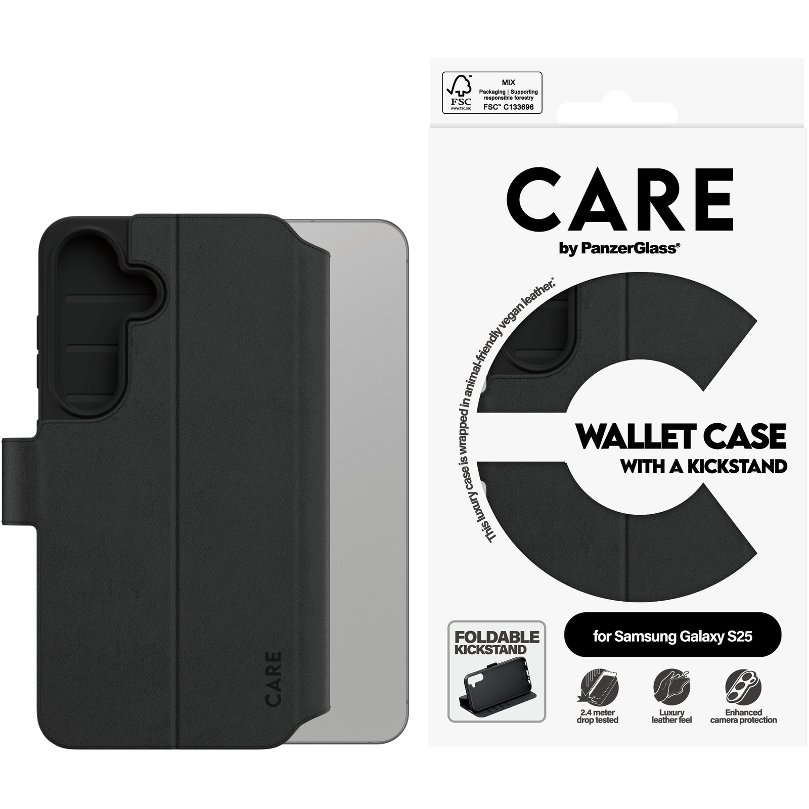 PanzerGlass CARE by ® Feature Wallet Case w. Kickstand Samsung Galaxy S25 maska za mobitel Poklopac Crno